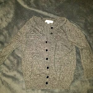 The Loft Gray and Black Speckled Button Up Cardigan. Size Petite Small